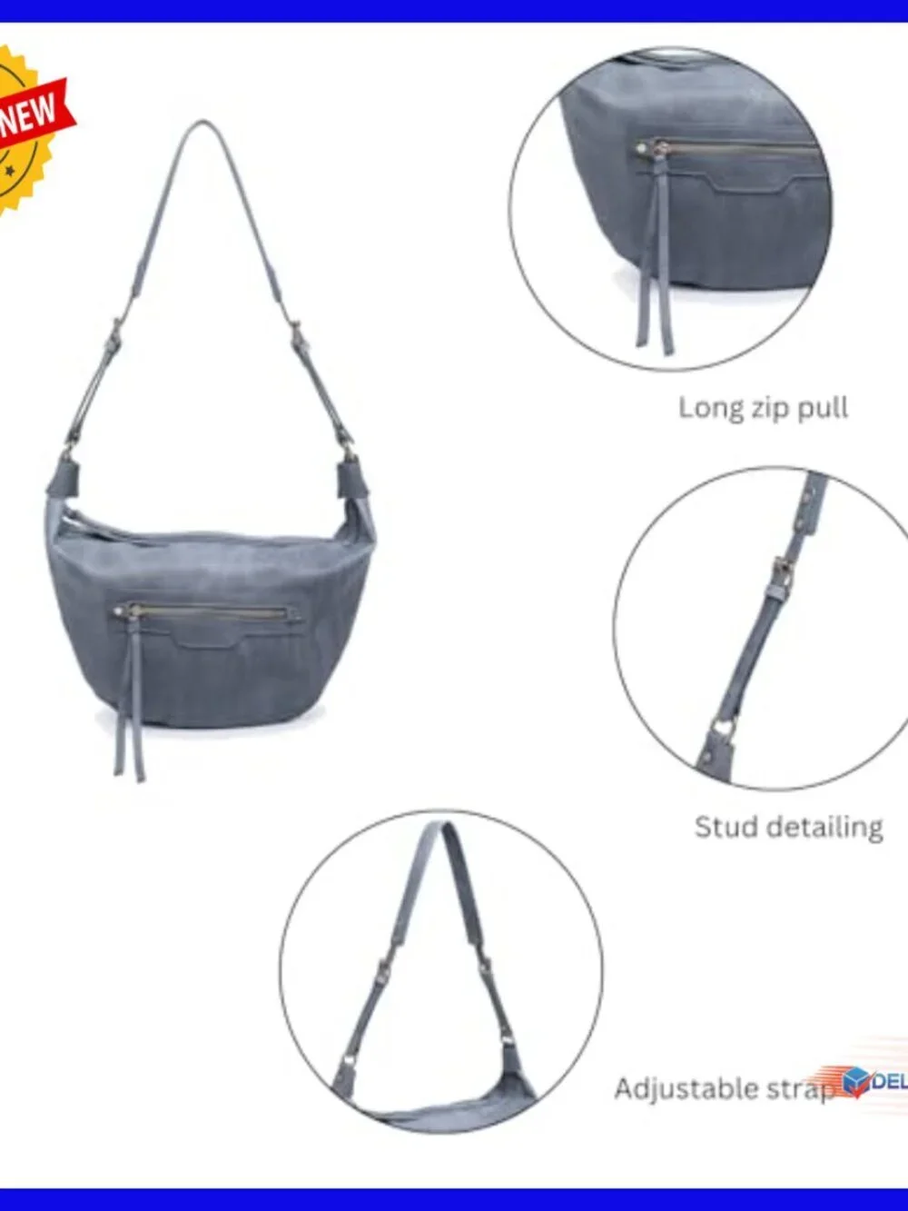 Large Vegan Leather Hobo Crossbody Bag with Stud Details Adjustable Strap